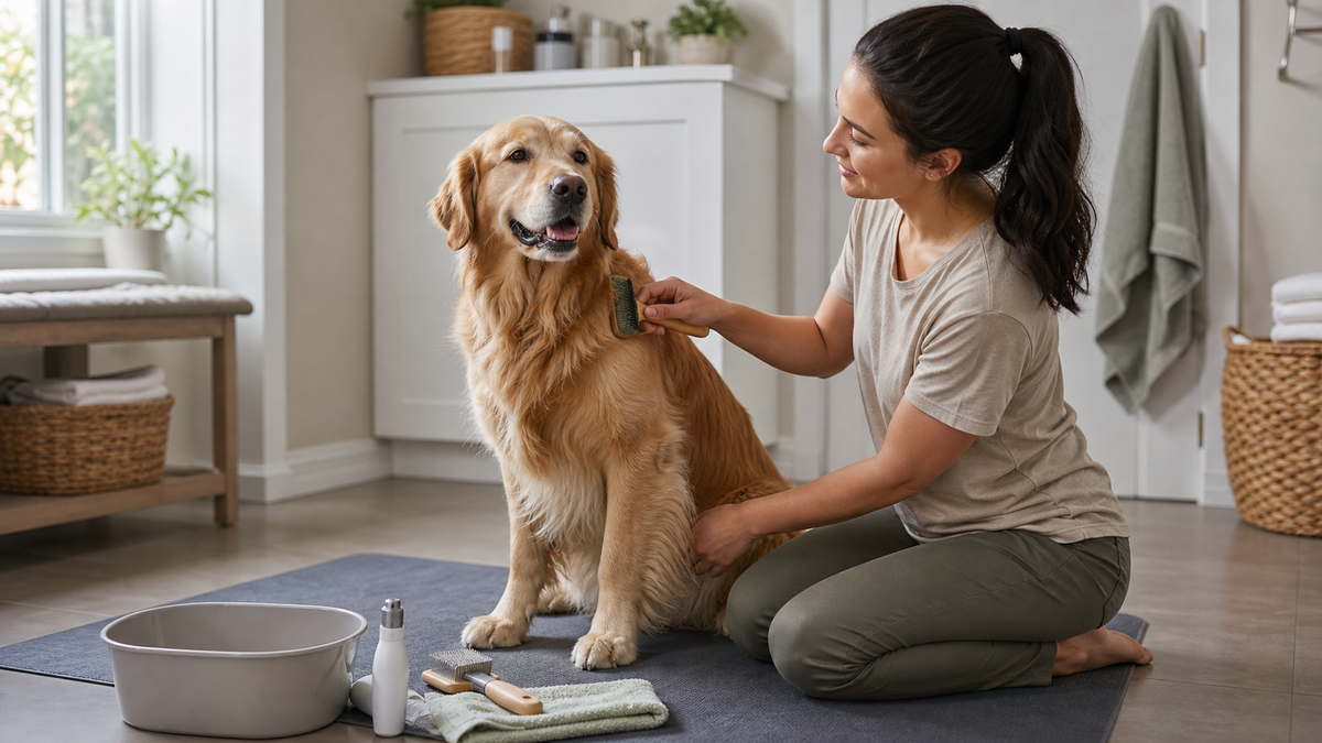 Relaxed golden retriever being gently brushed during a calm at-home grooming routine
