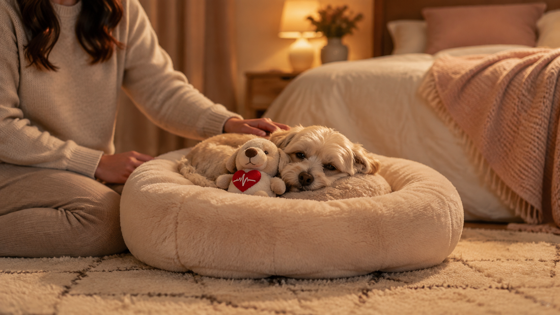 Relaxed dog resting in a plush bed with a heartbeat comfort toy
