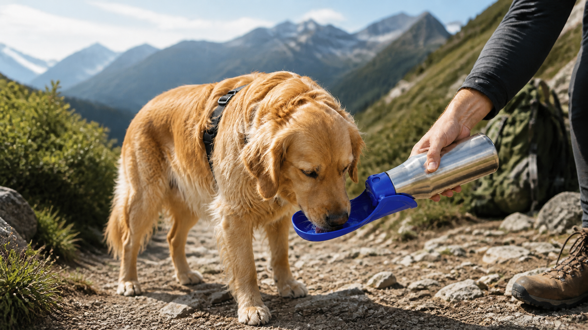 Golden retriever drinking from a portable 750 ml pet water bottle during a mountain hike