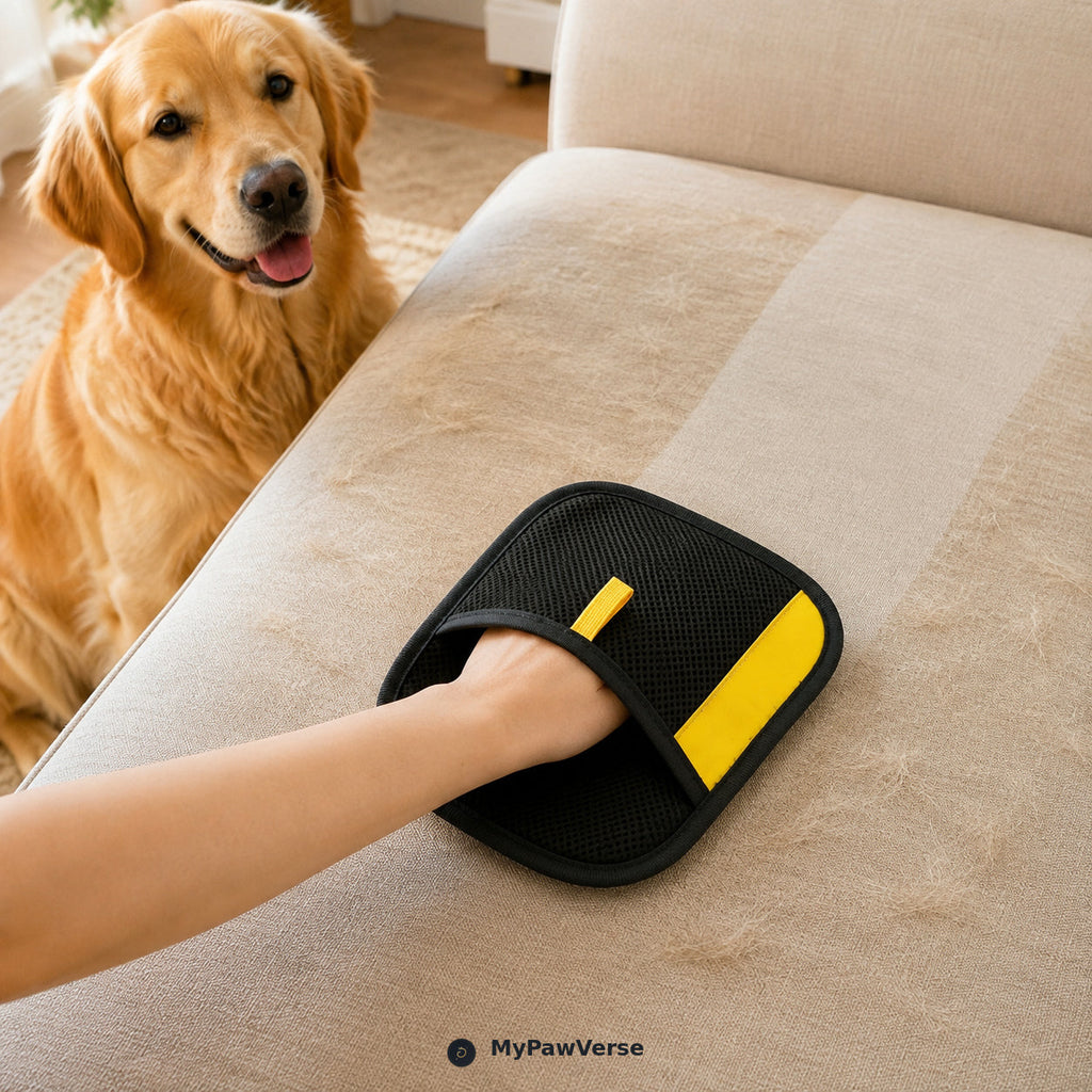 Yellow PawSweep mitt removing loose dog hair from a fabric sofa