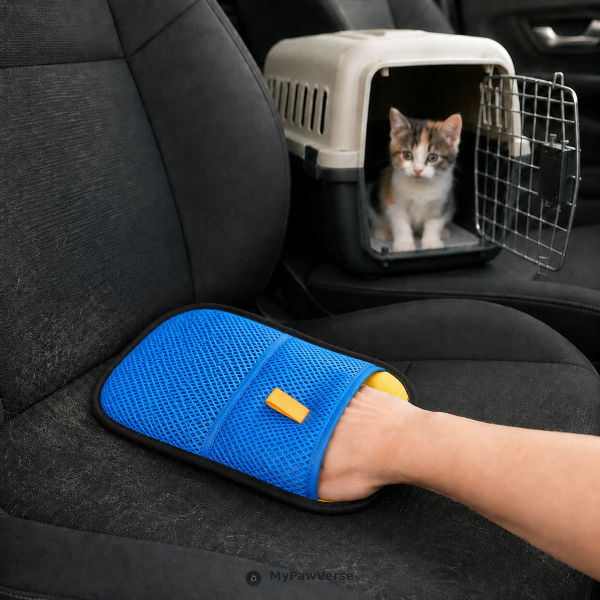 Blue PawSweep mitt removing loose cat hair from a fabric car seat