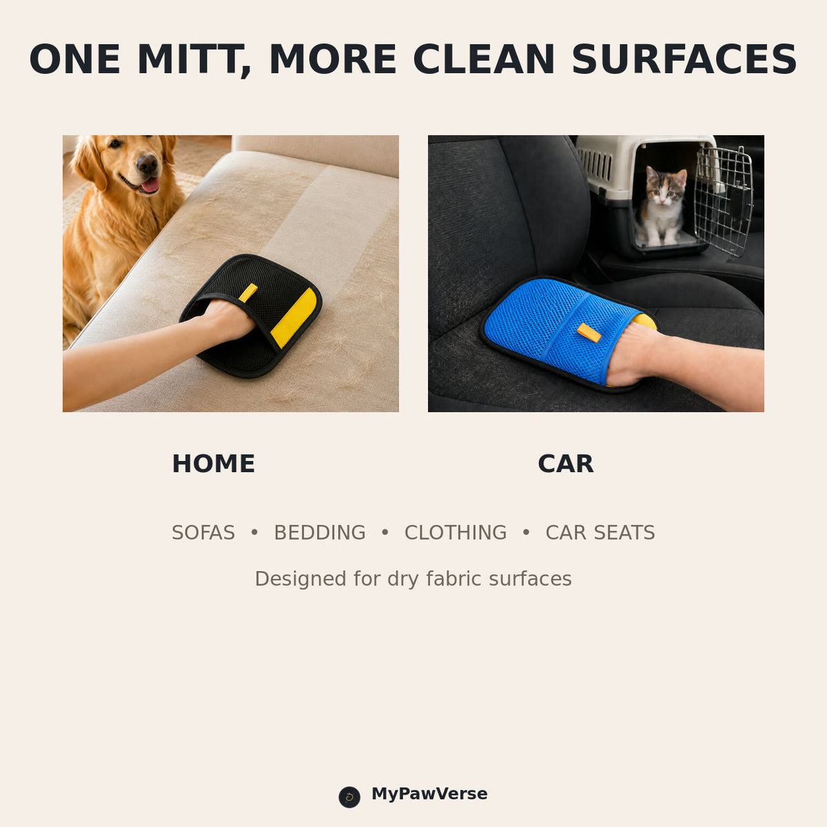 PawSweep mitt for sofas, bedding, clothing and fabric car seats