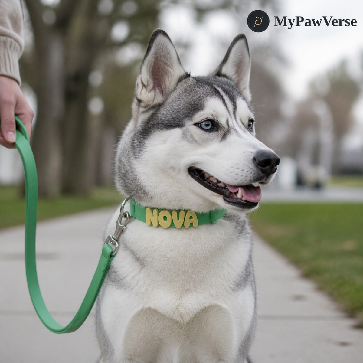 Husky wearing a personalized NOVA dog collar with coordinating leash on a natural walk
