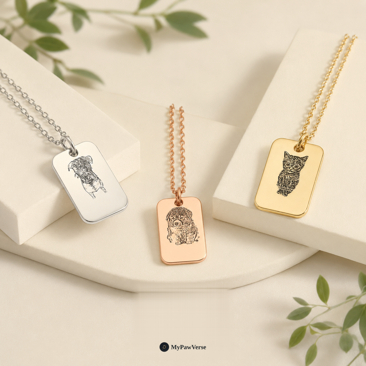 Custom pet photo necklaces in Silver, Rose Gold and Gold finishes