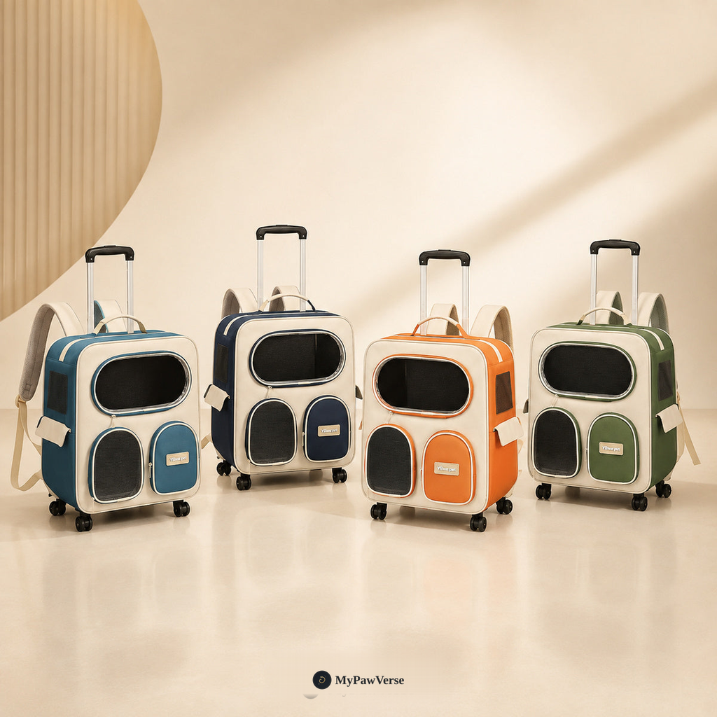 RollPaw rolling pet carrier backpack in Sapphire Blue, Navy Blue, Orange and Green