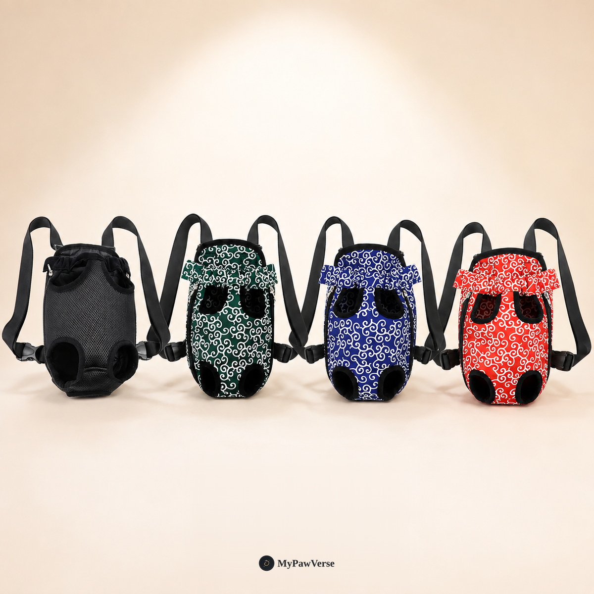 PawSnug pet front carrier in Black, Pattern Green, Pattern Blue, and Pattern Red