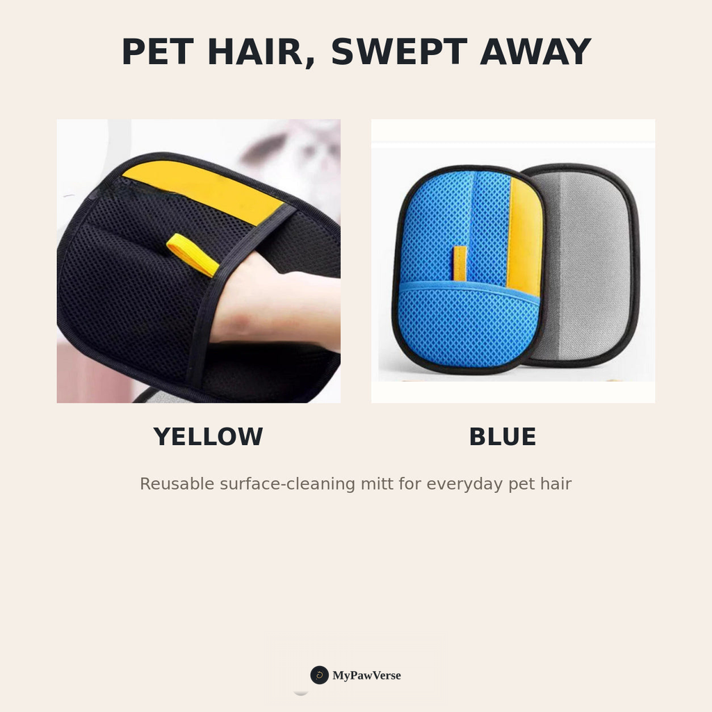 PawSweep reusable pet hair removal mitt in Yellow and Blue