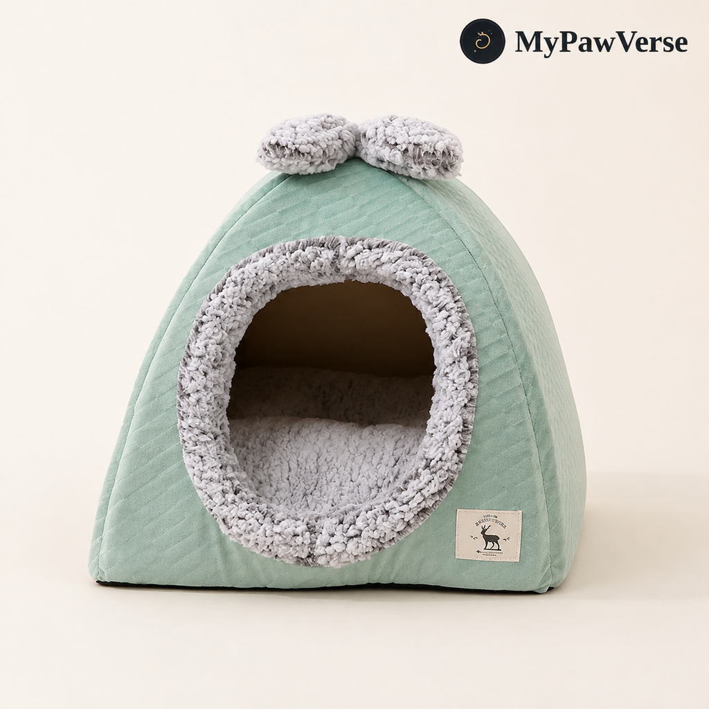 BowHaven sage green plush bow cat cave