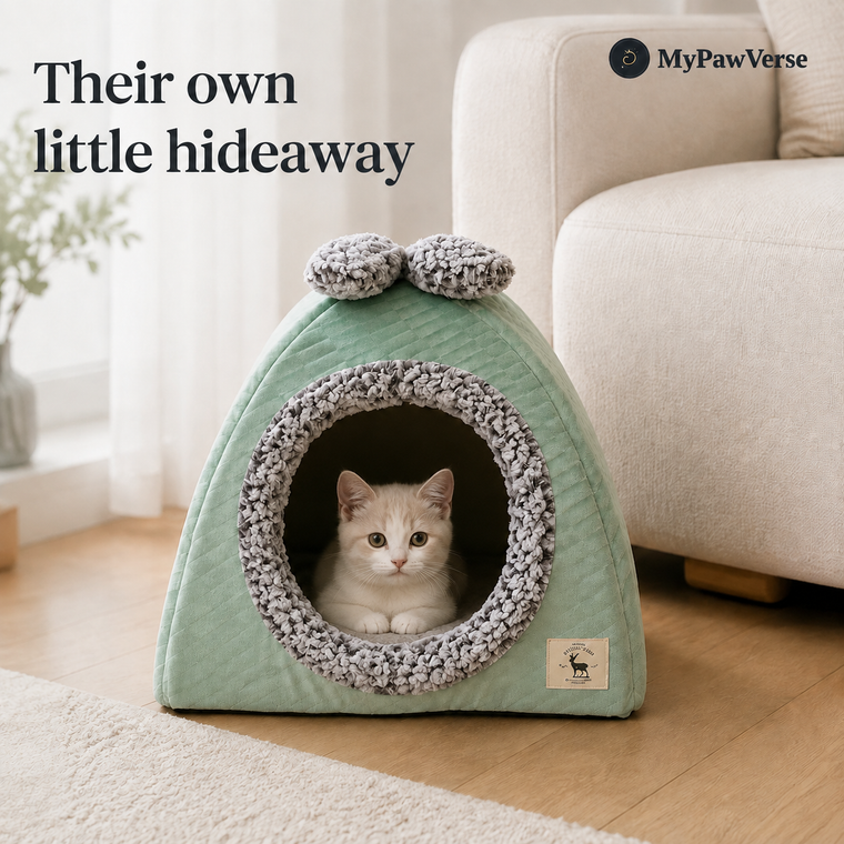 BowHaven Plush Cave Bed for Cats & Small Dogs lifestyle view