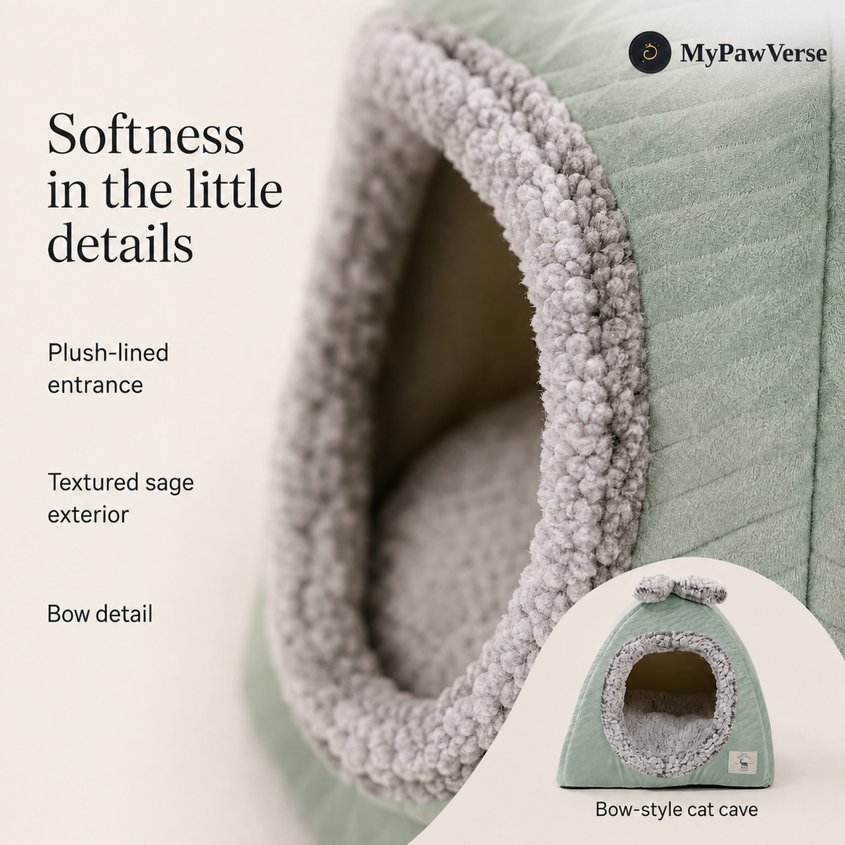 Close-up of BowHaven plush entrance and sage textured fabric