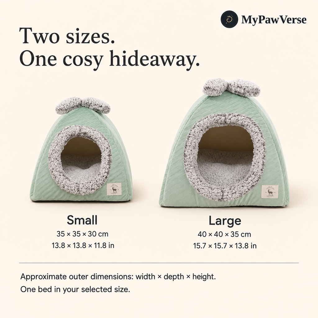 BowHaven Small and Large cat cave approximate outer dimensions in centimetres and inches
