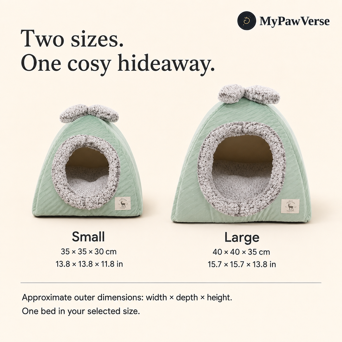 BowHaven Small and Large cat cave approximate outer dimensions in centimetres and inches