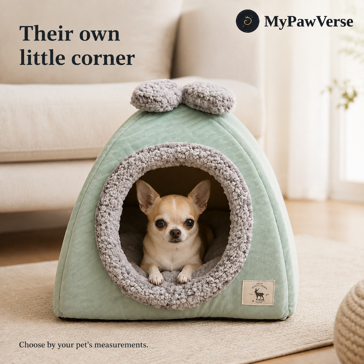 Illustrative scene of a tiny Chihuahua resting inside the sage green BowHaven pet cave; choose size by your pet's measurements
