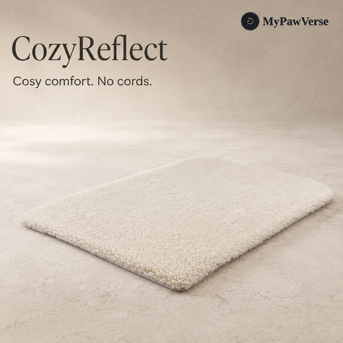 CozyReflect cream self-warming pet mat with a soft faux-lambswool surface and thin grey backing