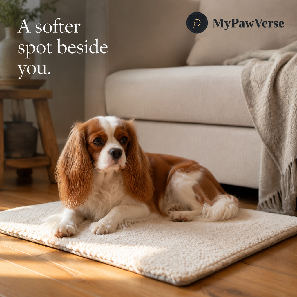 Small dog relaxing on a CozyReflect self-warming mat beside a sofa