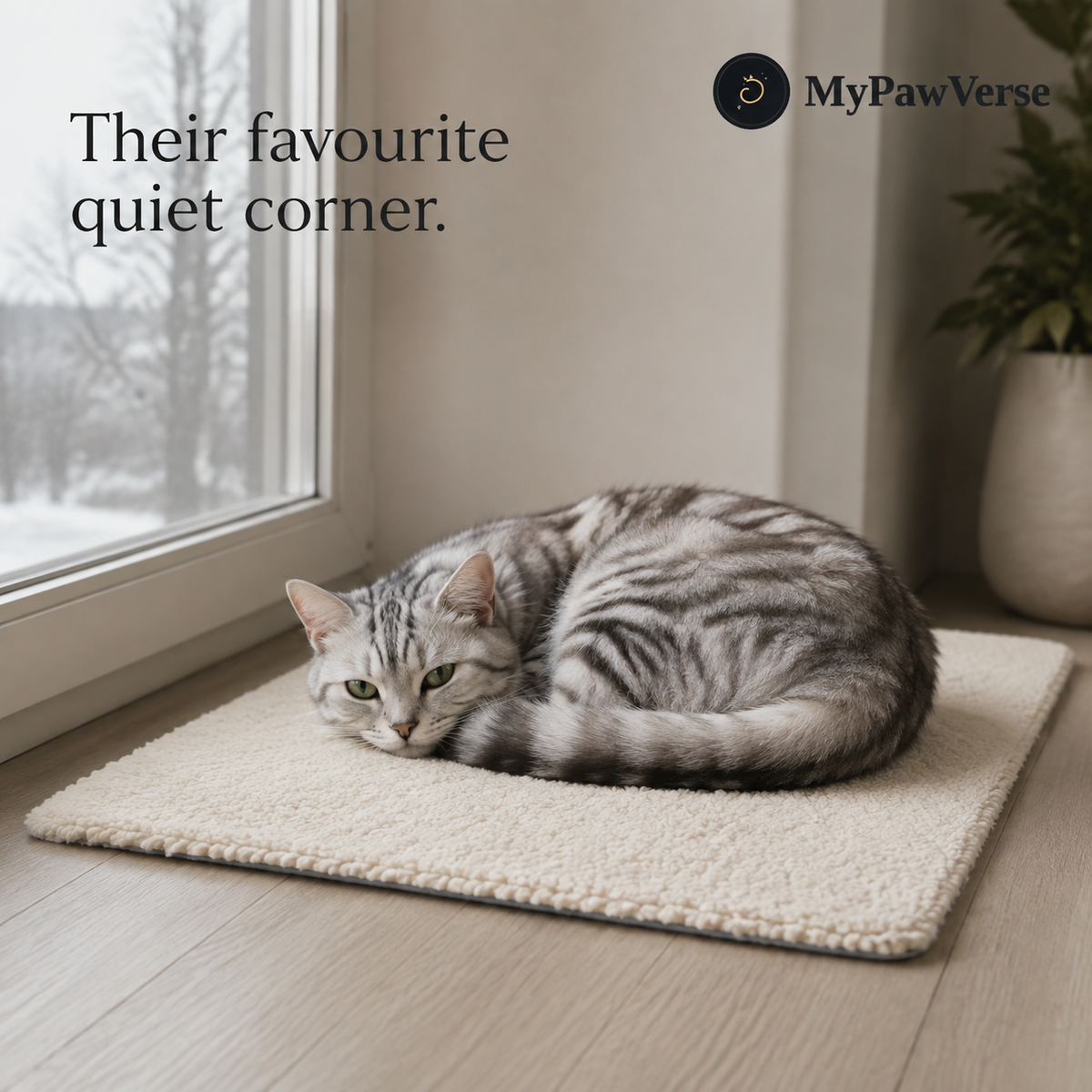 Cat curled comfortably on a CozyReflect cream pet mat by a window