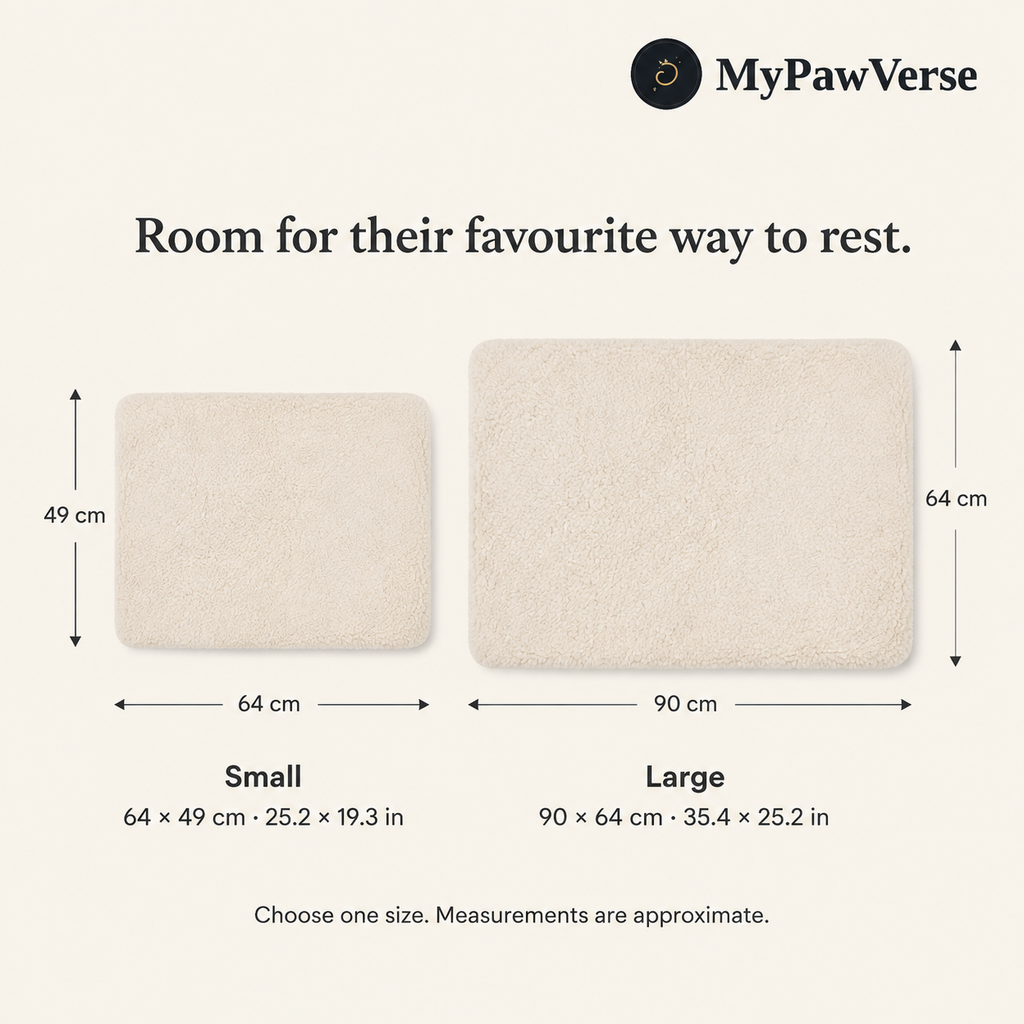 CozyReflect size guide: Small 64 × 49 cm and Large 90 × 64 cm; choose one mat