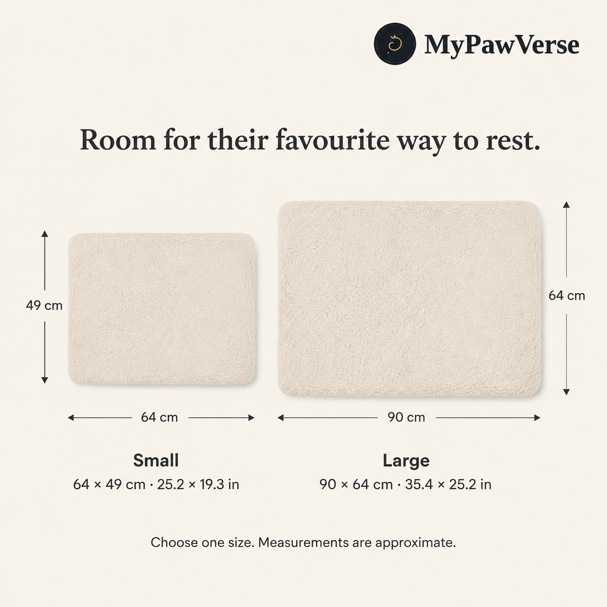 CozyReflect size guide: Small 64 × 49 cm and Large 90 × 64 cm; choose one mat