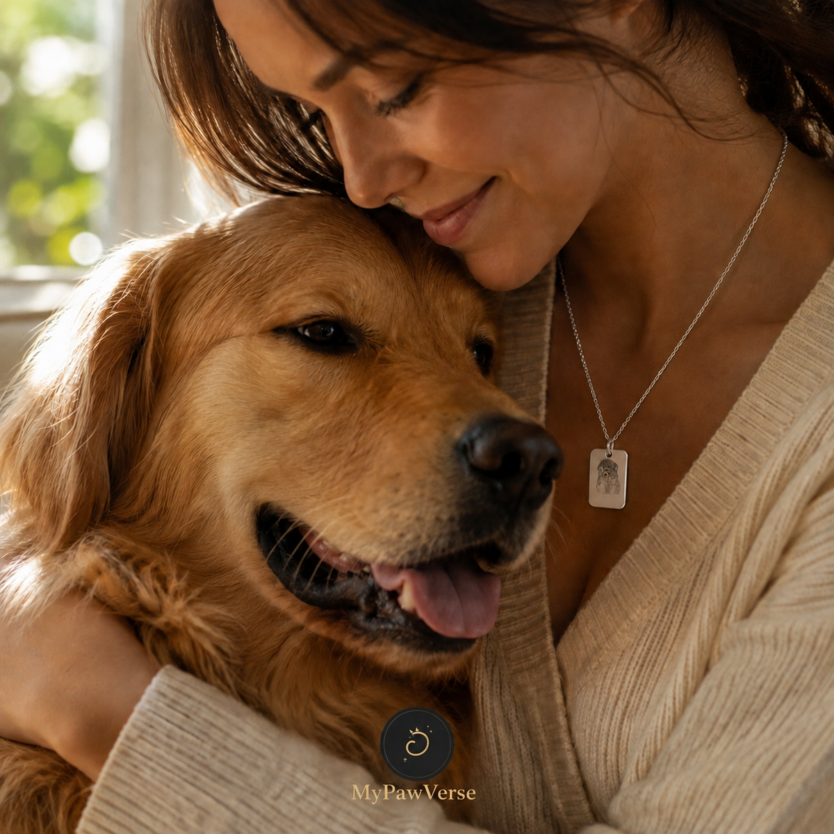 Pet owner wearing a personalized Silver pet photo necklace
