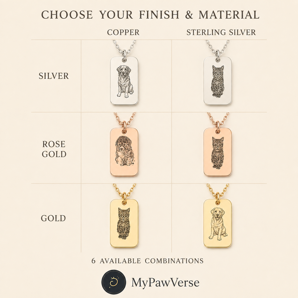 Six finish and material combinations for personalized pet photo necklace