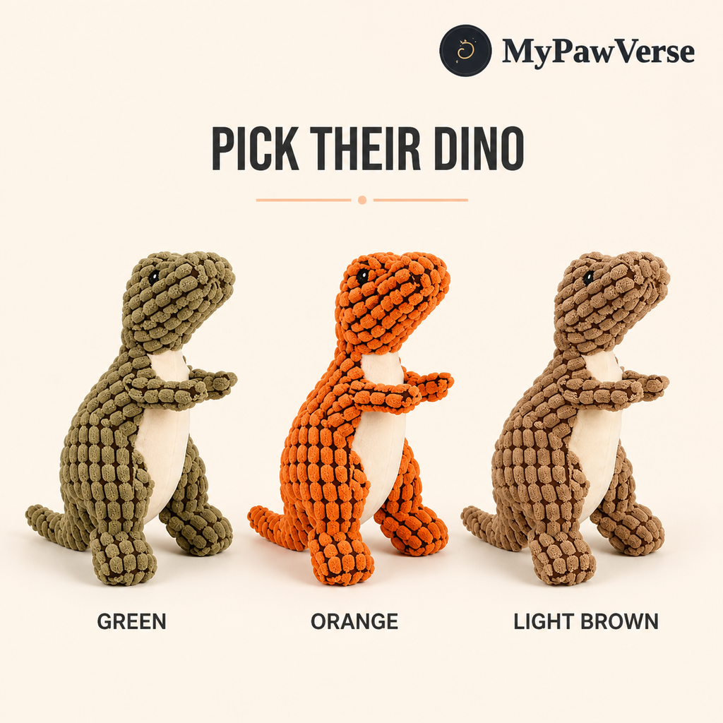 DinoPals plush dog toy colors green orange and light brown
