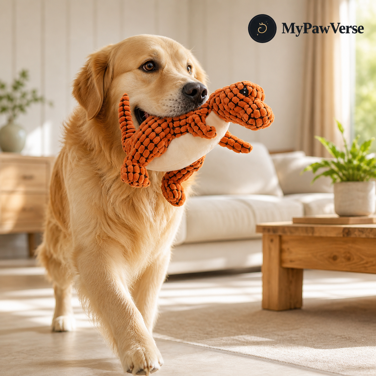 Golden retriever carrying the orange DinoPals squeaky plush dog toy