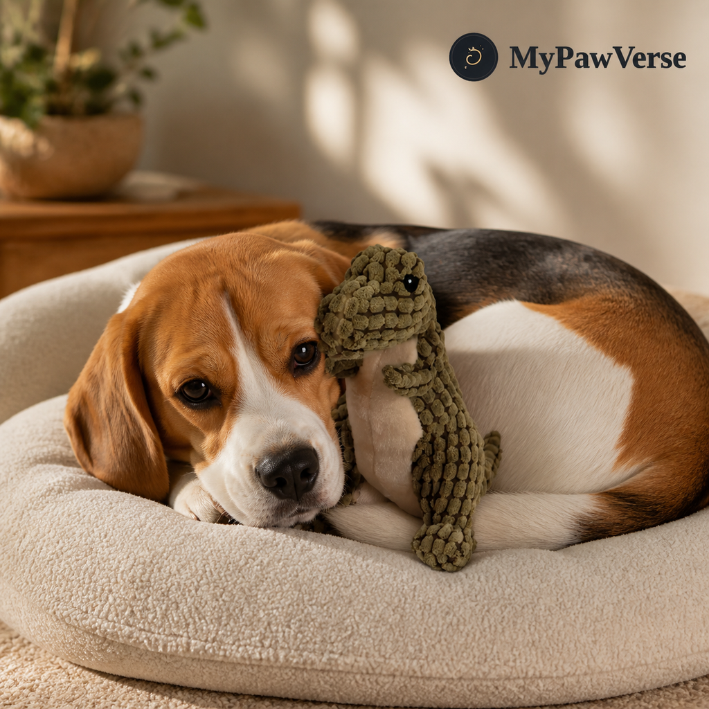 Beagle cuddling the green 25 cm DinoPals plush dog toy
