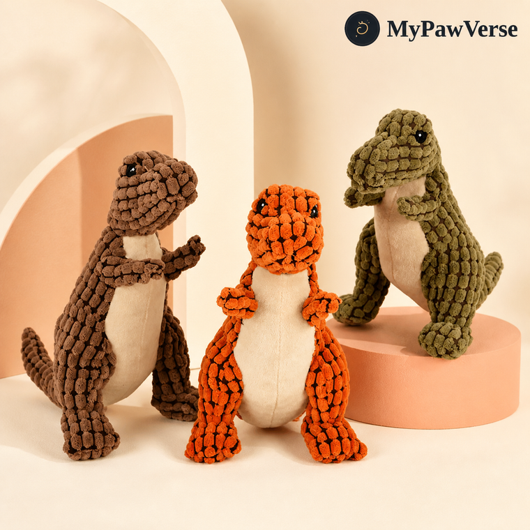 DinoPals Squeaky Plush Dog Toy – 2 Sizes & 3-Piece Set