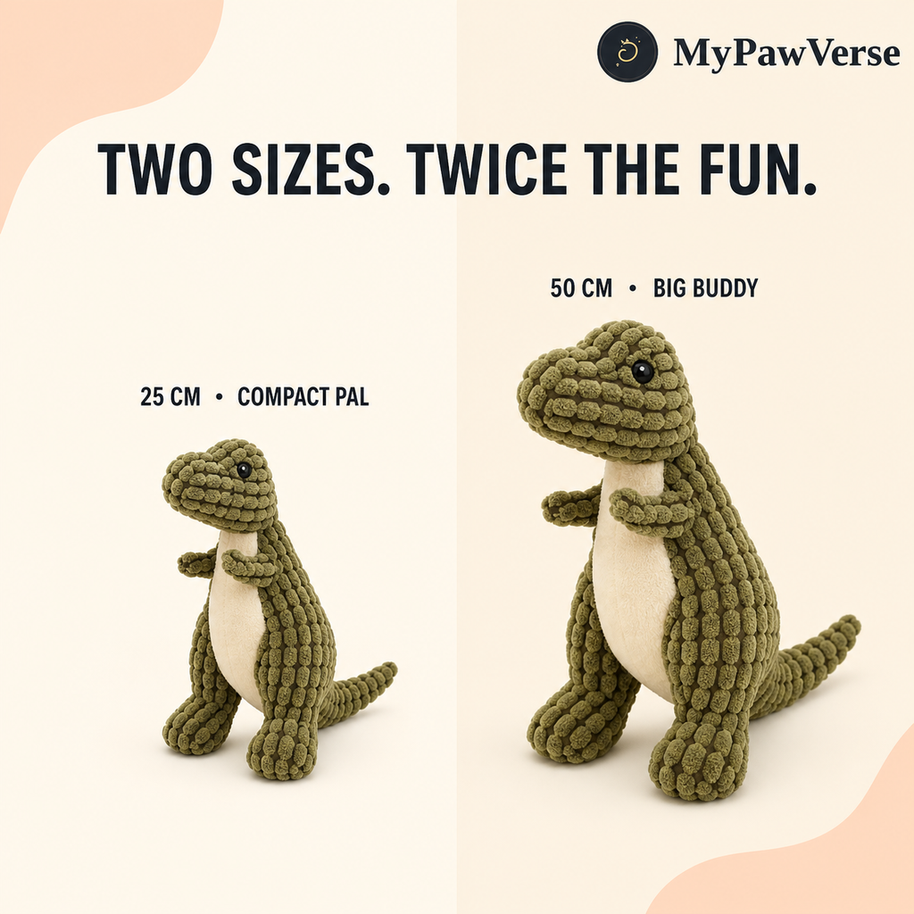 DinoPals plush dog toy size comparison for 25 cm and 50 cm