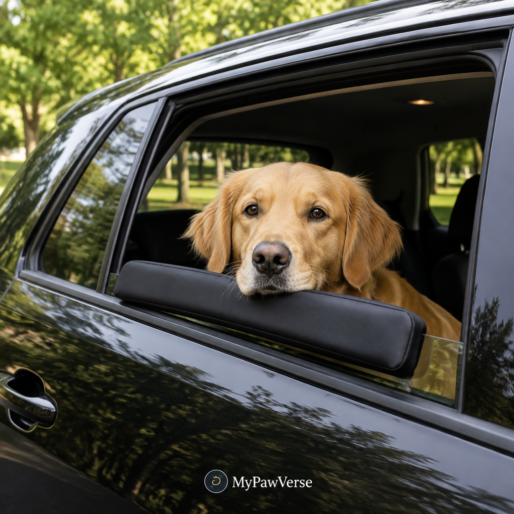 Golden retriever using a black window chin rest in a parked car