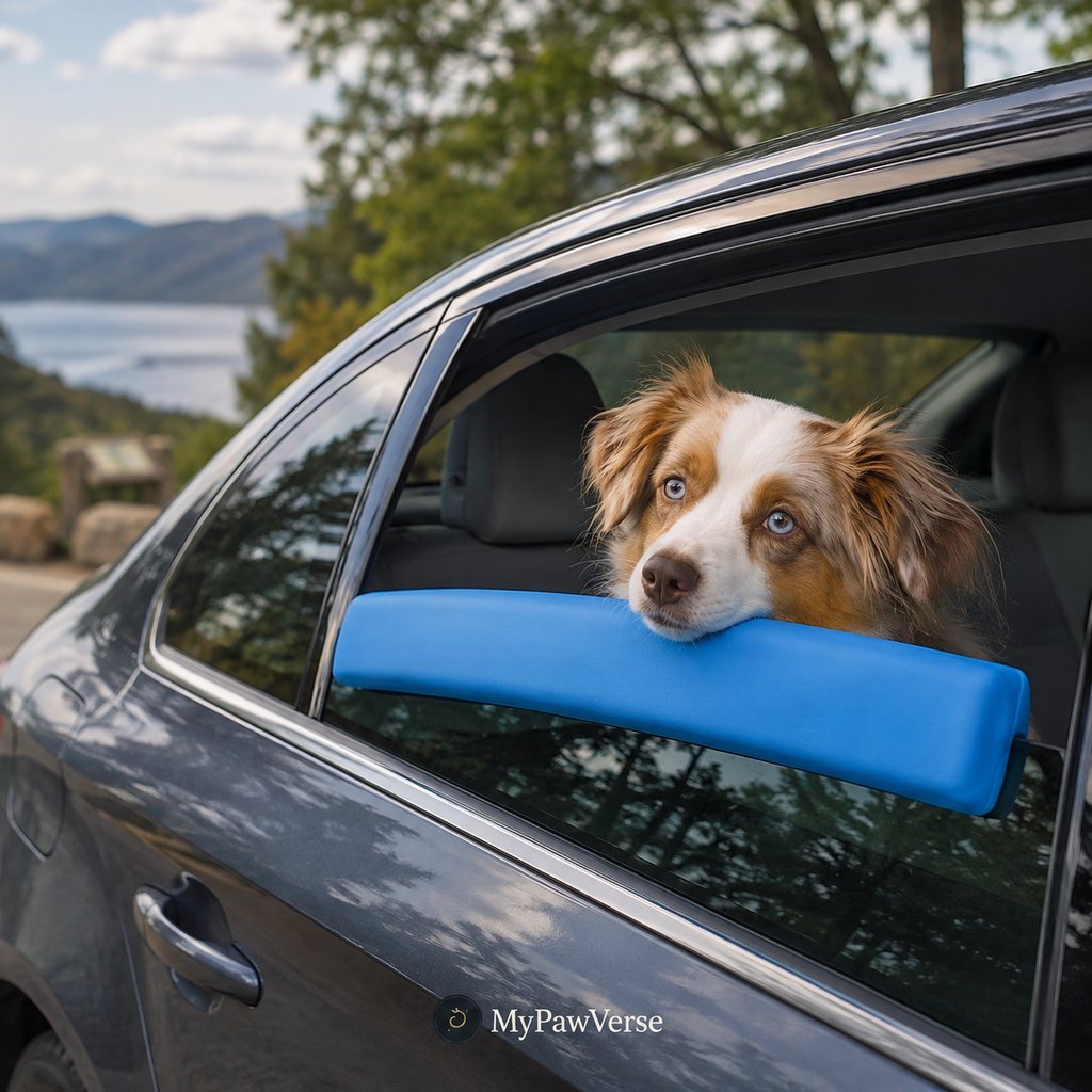 Australian shepherd using a blue window chin rest in a parked car