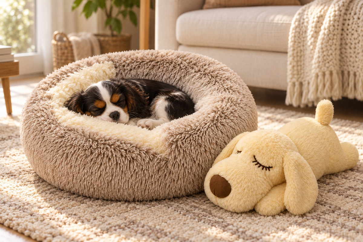 Cavalier puppy resting inside the Brown Convertible Pet Bed beside a beige Heartbeat Comfort Plush