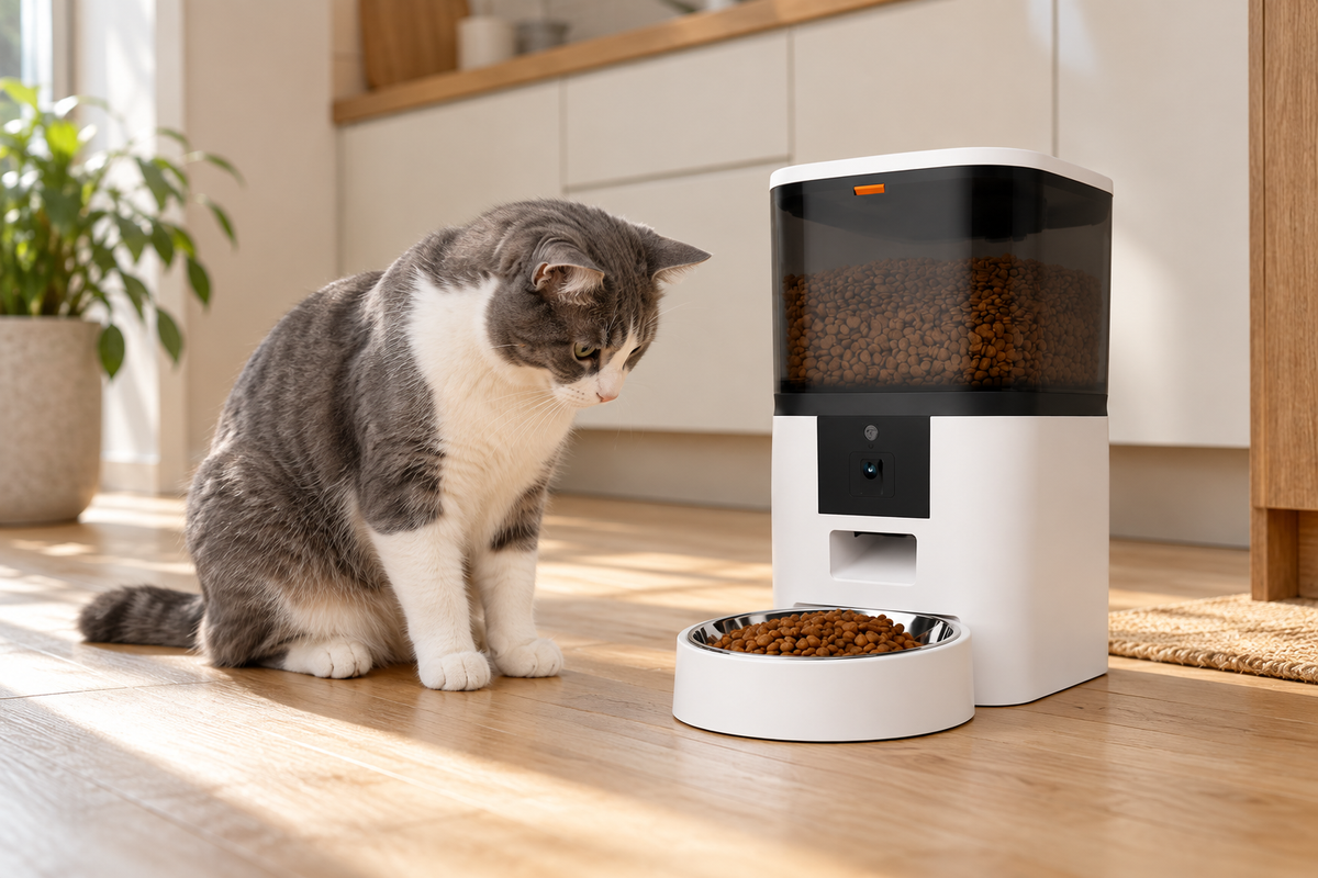 White PawCam automatic camera feeder beside a grey and white cat in a sunlit kitchen