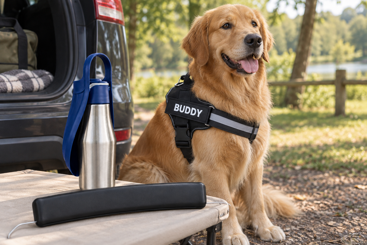 Golden retriever wearing a black personalized harness beside a dark blue 750 ml travel bottle and black chin rest at a parked car