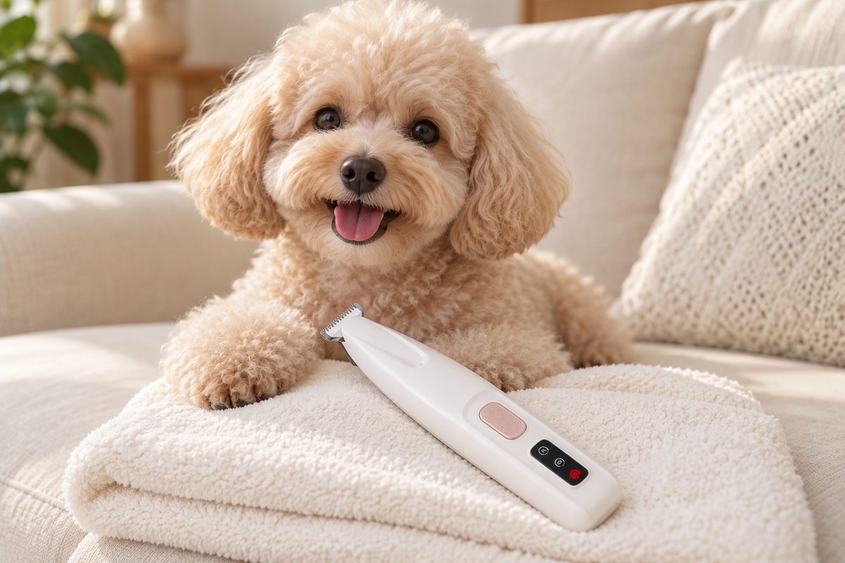 Cream poodle resting beside the white PawLume precision paw trimmer on a soft towel