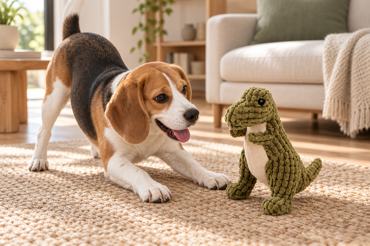 Playful beagle bowing beside one green DinoPals textured plush dinosaur dog toy