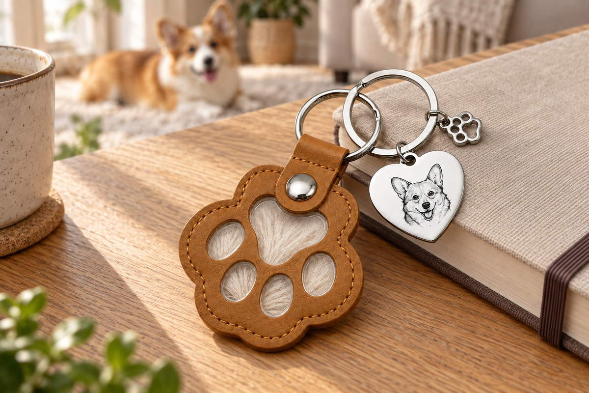 Caramel PawKeepsake fur holder with neat stitching and engraved heart tag on an oak desk, with a corgi in the background
