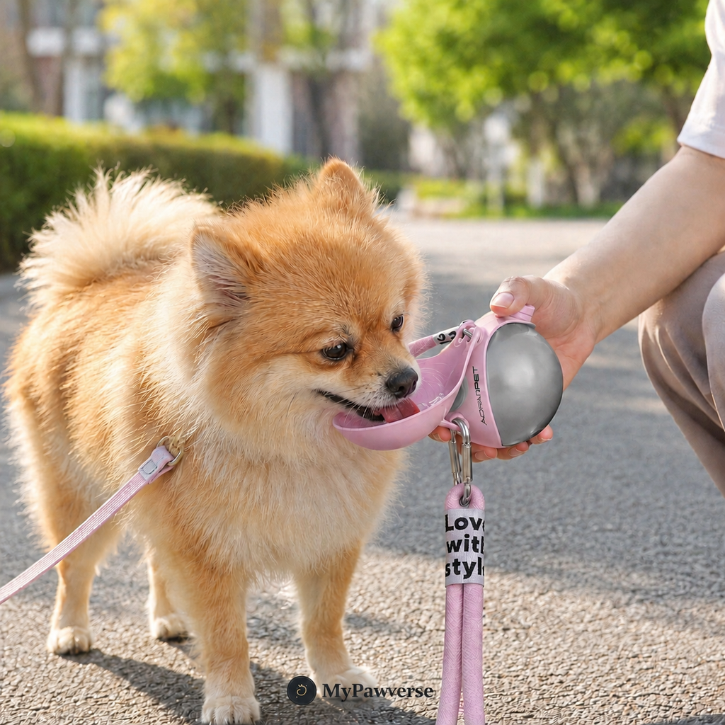 Pomeranian drinking from portable bottle