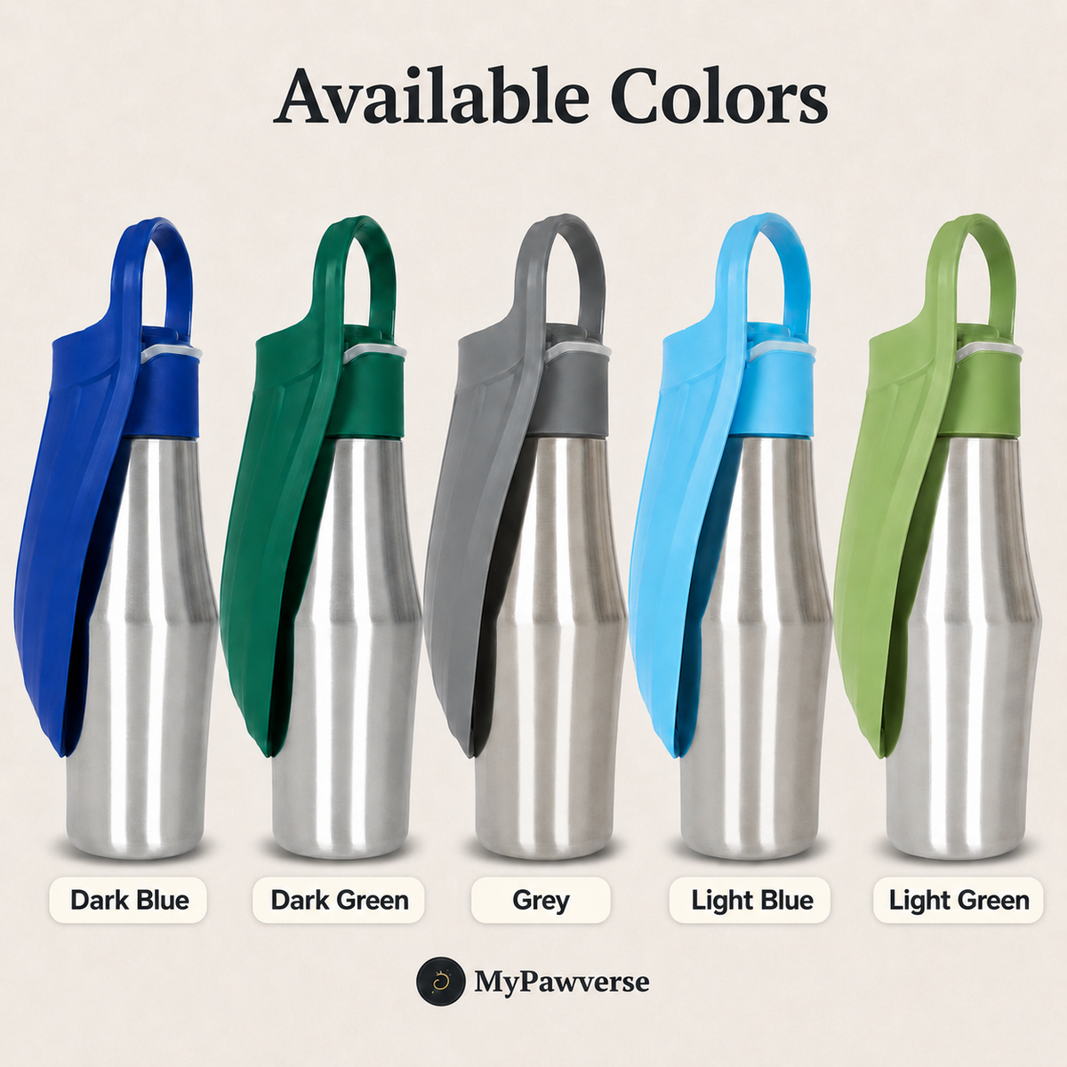750ml dog water bottle available colors: Dark Blue, Dark Green, Grey, Light Blue and Light Green