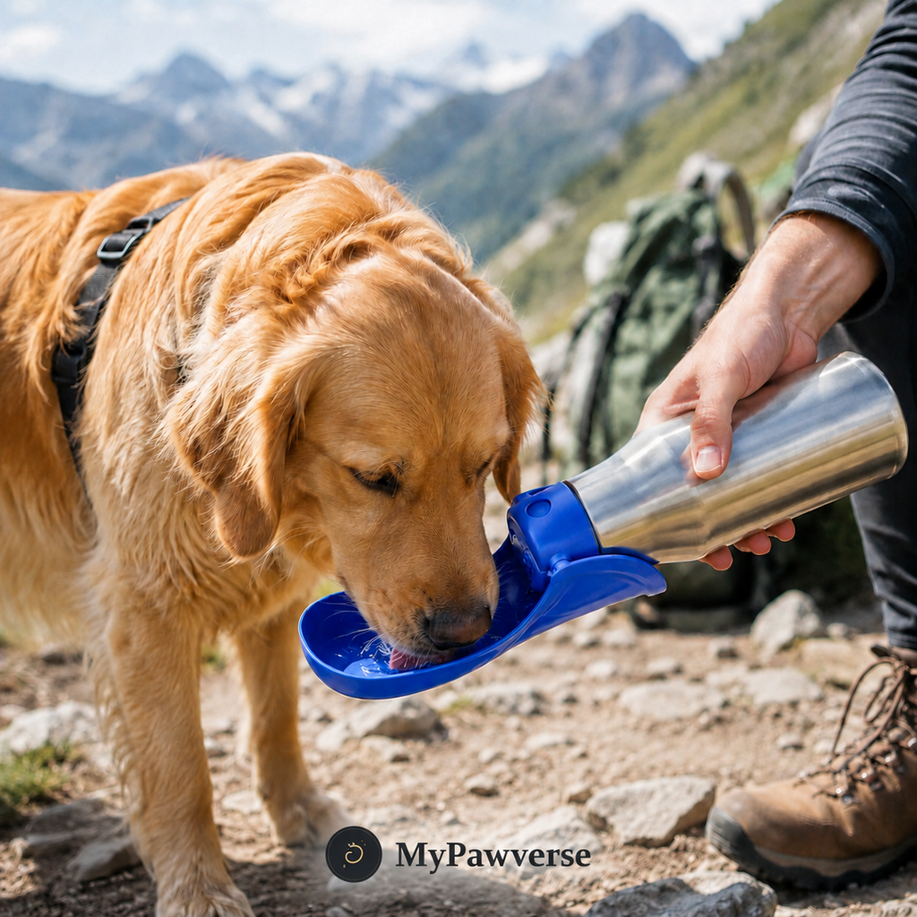 Dog drinking from 750ml bottle on a hike