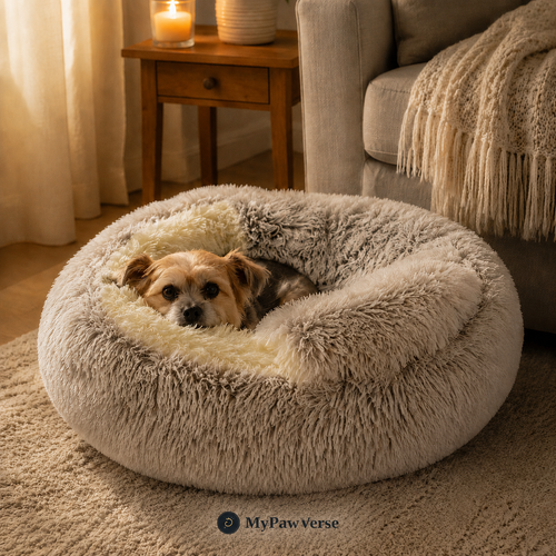 Small dog relaxing in convertible plush bed