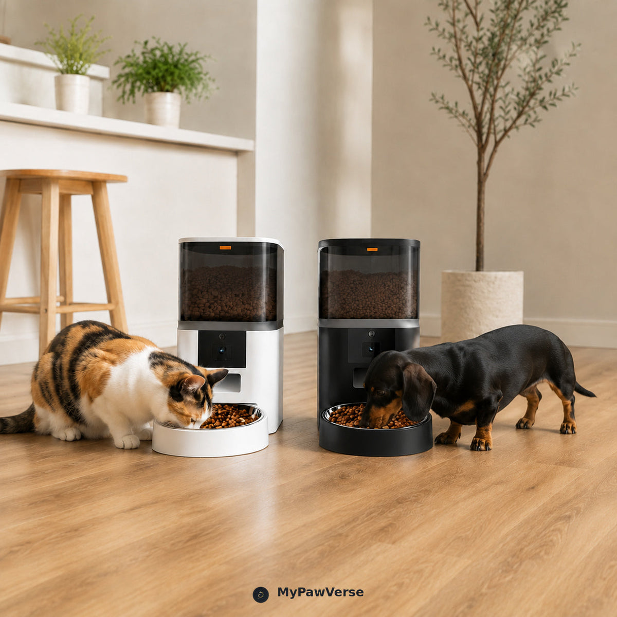 Calico cat and black-and-tan dachshund visibly eating from PawCam automatic feeders
