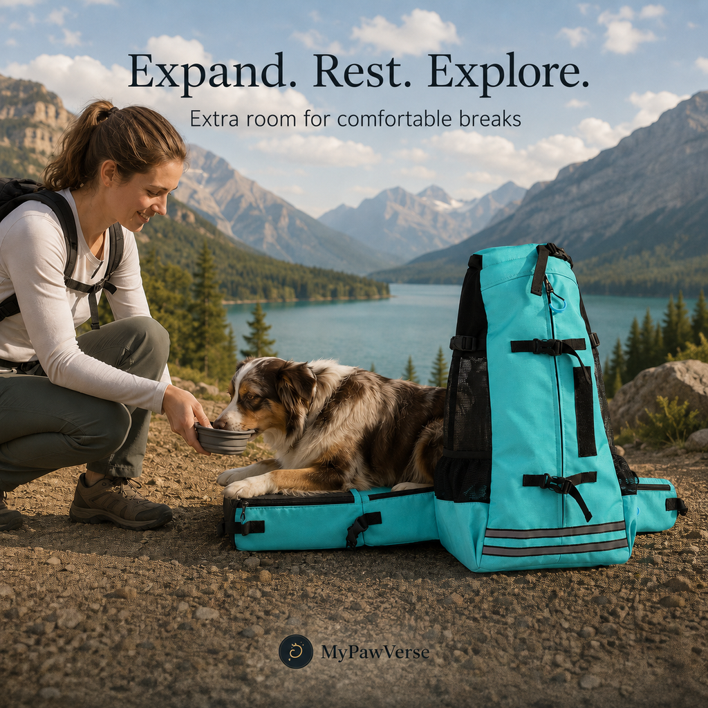 Green PawCarry carrier expanded for a comfortable outdoor break