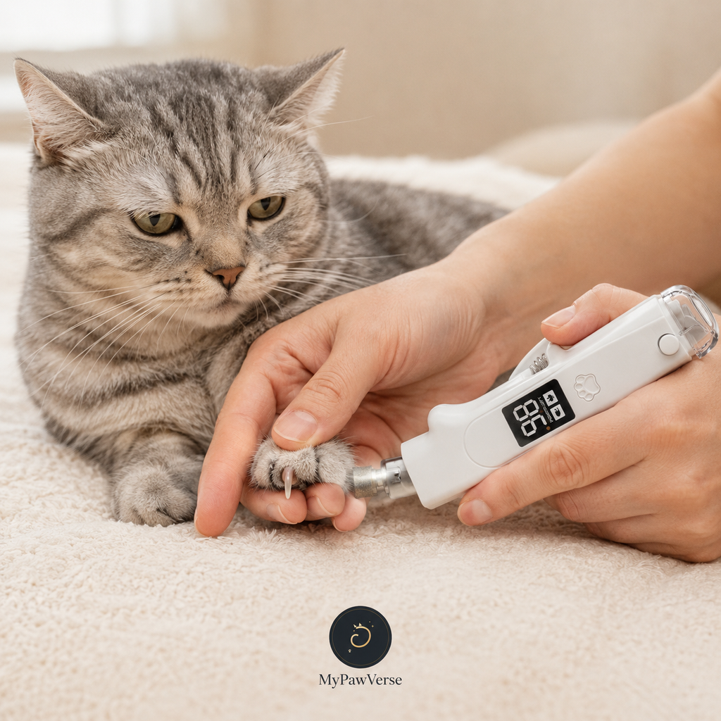 Cat claw being gently smoothed with the PawGlow nail grinder
