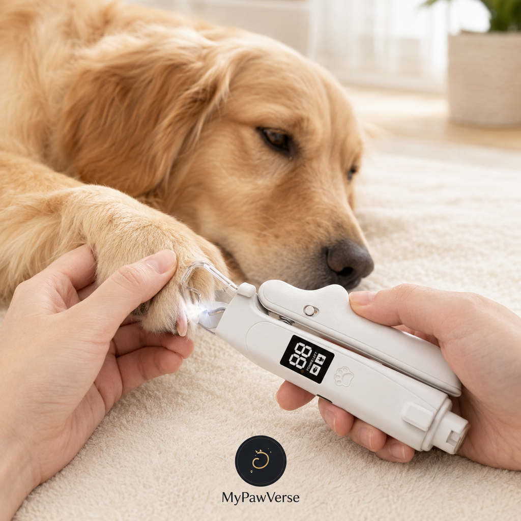 Dog paw supported while using the PawGlow LED nail clipper