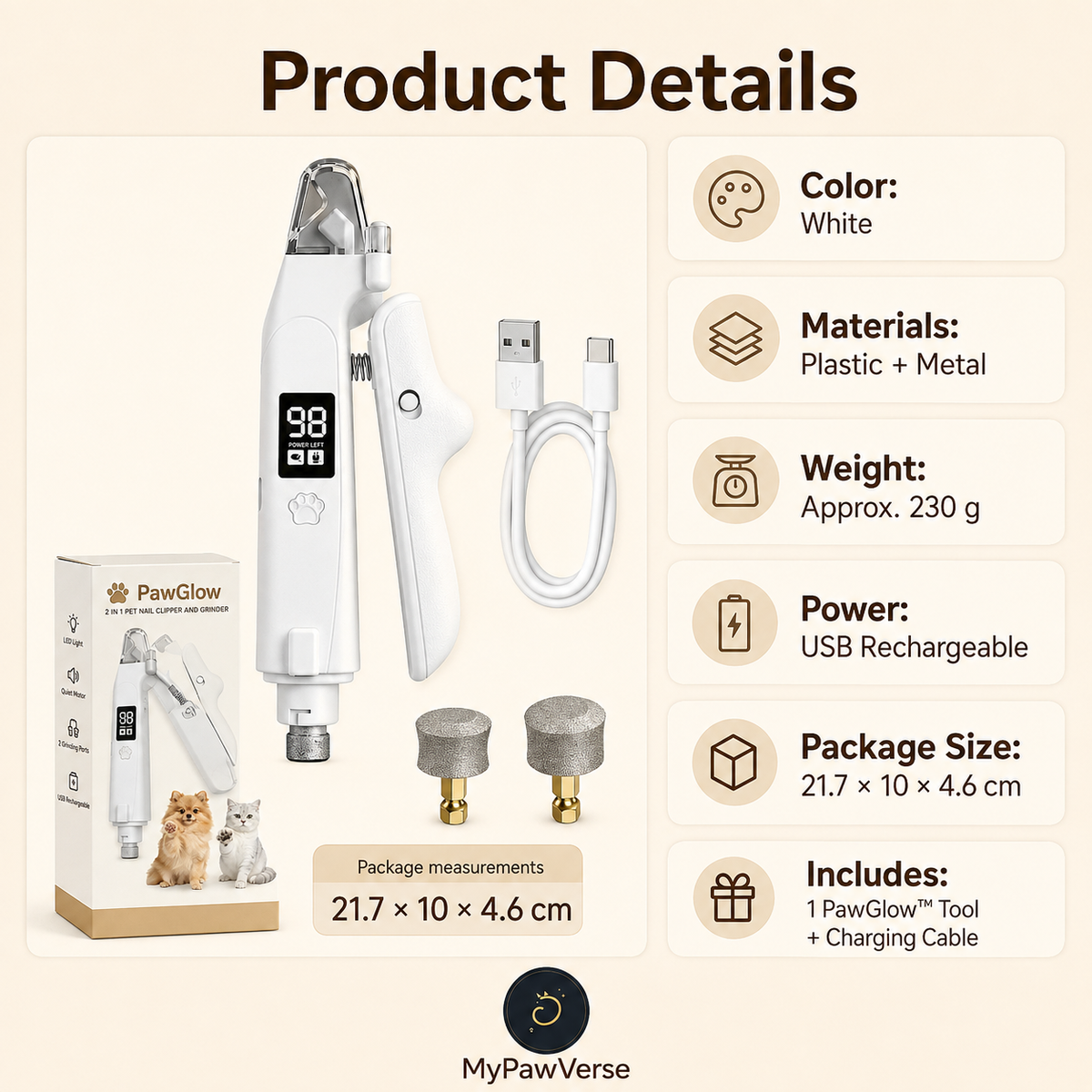 PawGlow product details and package measurements