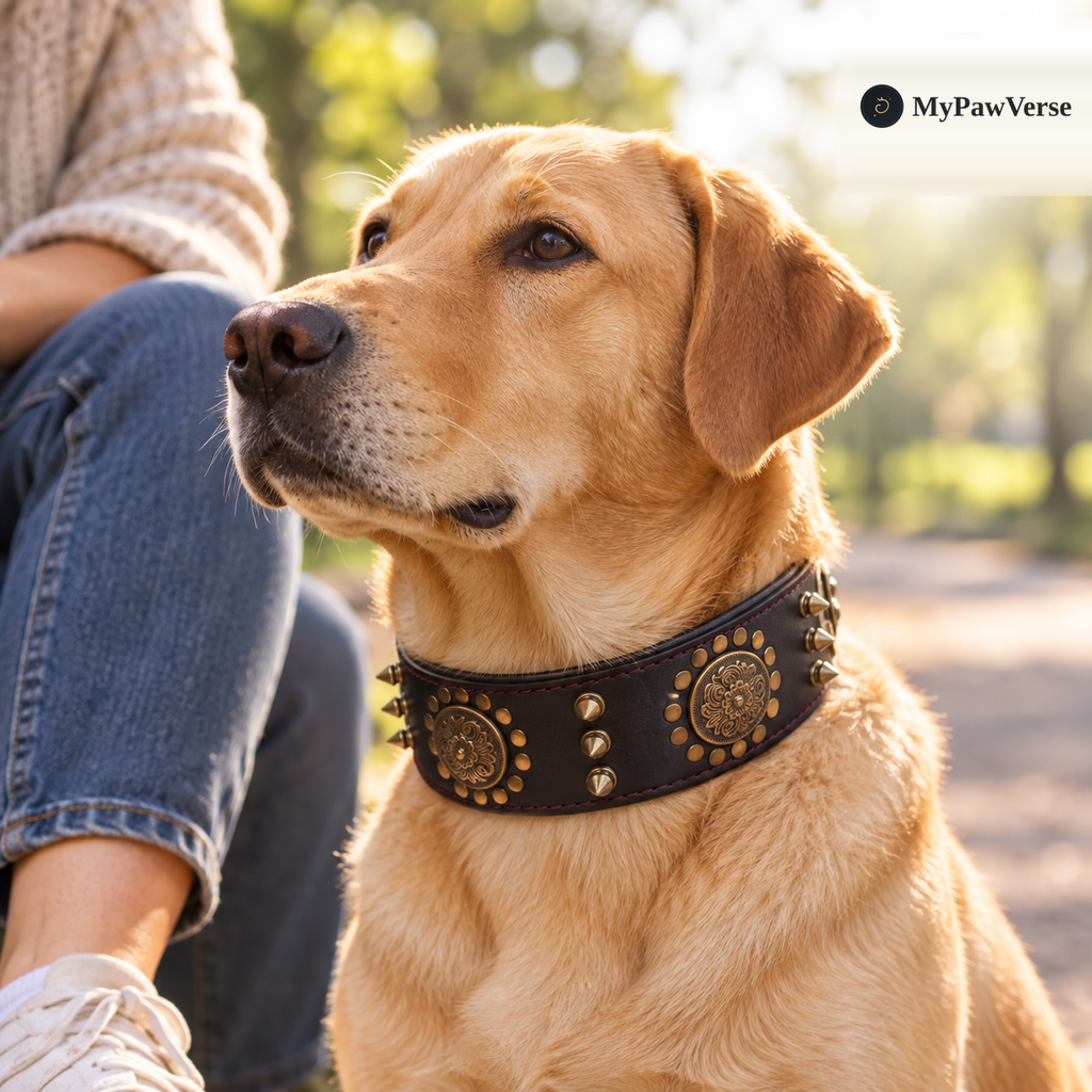Styled outdoor view of a Labrador wearing the Black PawHeritage collar