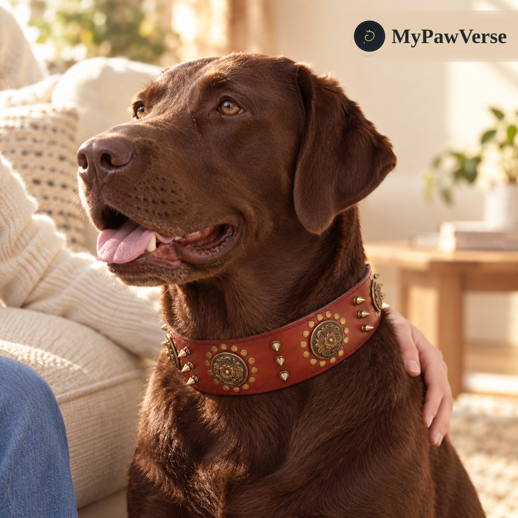 Styled at-home view of a Labrador wearing the Brown PawHeritage collar