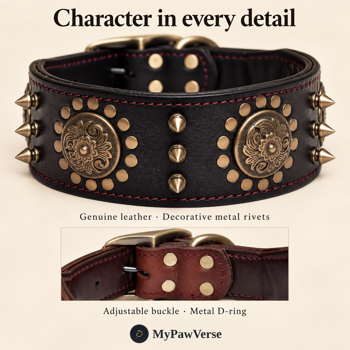 PawHeritage genuine leather, decorative metal rivets, adjustable buckle and metal D-ring