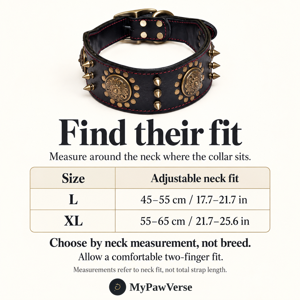 PawHeritage neck fit guide: L 45–55 cm, XL 55–65 cm
